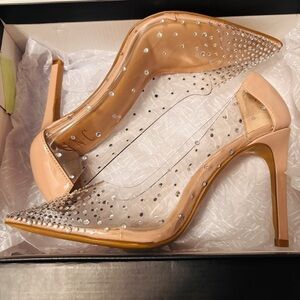 Nude Clear Pointed Toe Stiletto Pumps with Crystal Accents